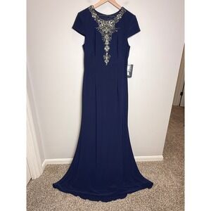 NWT JS Boutique 10 Navy Blue Embellished Beaded Evening Gown Long Gala Formal